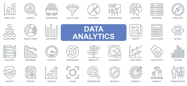 Data analytics concept simple line icons set Bundle of search mining filter presentation