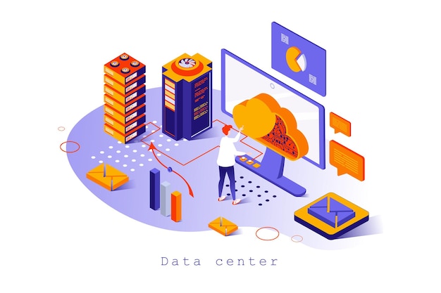 Data center concept in 3d isometric design Computing file backup and storage with cloud