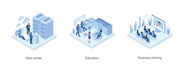 Data center concept with character, Girls and Boys Learning Together with Smartphone, Laptop, Books,