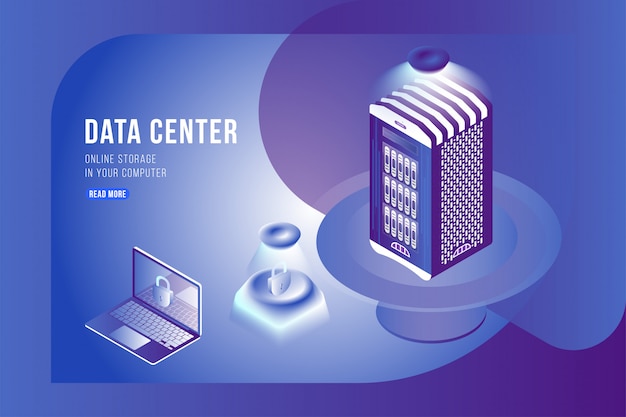 Data Center Isometric concept with online file storage and laptop.