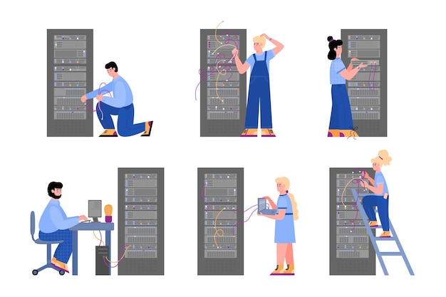 Data center servers and staff set of cartoon vector illustrations isolated