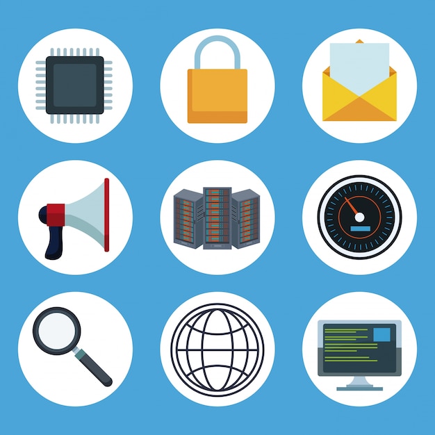 Data center technology round icons