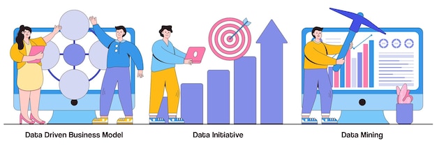 Data driven business model, data initiative, data mining concept with tiny people. Machine learning and database systems abstract vector illustration set. Computer science, code analysis metaphor.