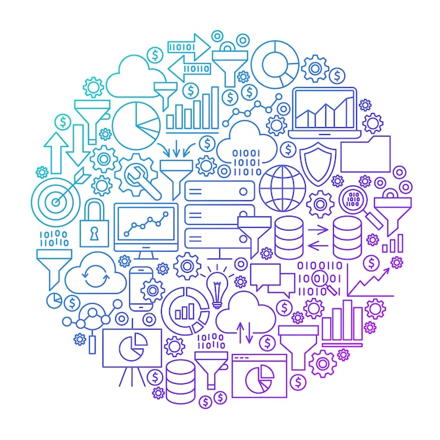 Data Filter Line Circle Design. Vector Illustration of Funnel Objects Isolated over White.