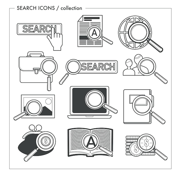 Data finding search isolated icons magnifying glass symbol