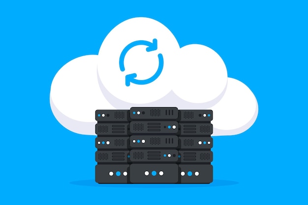 Data Hosting Servers connected to Cloud Cloud Data storage Data storage network technology Online cloud computing Server cabinets Memory and information transfer Security and protection