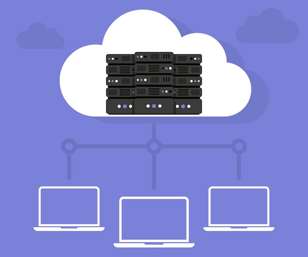 Data Hosting Servers connected to Cloud Cloud Data storage Data storage network technology Online cloud computing Server cabinets Memory and information transfer Security and protection