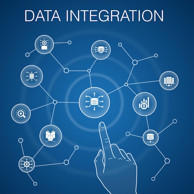 Data integration concept blue backgrounddatabase data scientist Analytics Machine Learning simple icons