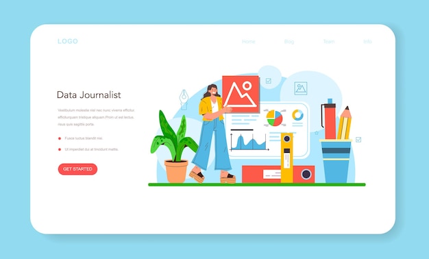 Data journalism or data-driven journalism web banner or landing page. Big data filtering and analysis. Chart and graph, diagram research. Data based storytelling. Flat vector illustration