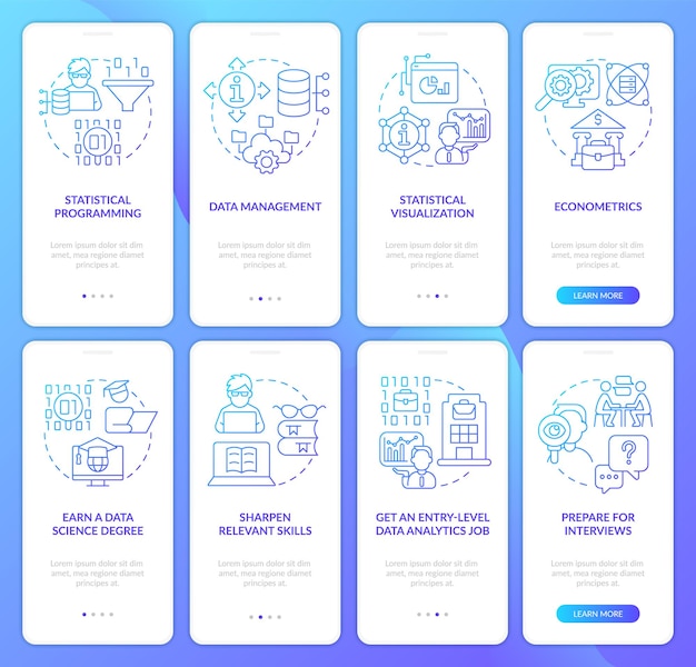 Data management expert blue gradient onboarding mobile app screen set