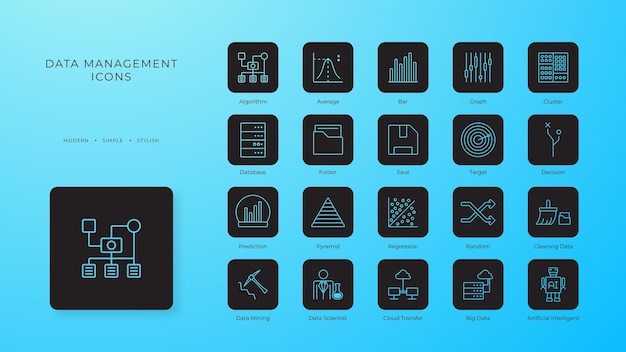 Data management icons collection with black filled line style information digital database computer analytics folder storage Vector illustration