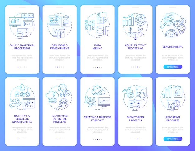 Data management solutions blue gradient onboarding mobile app screen set