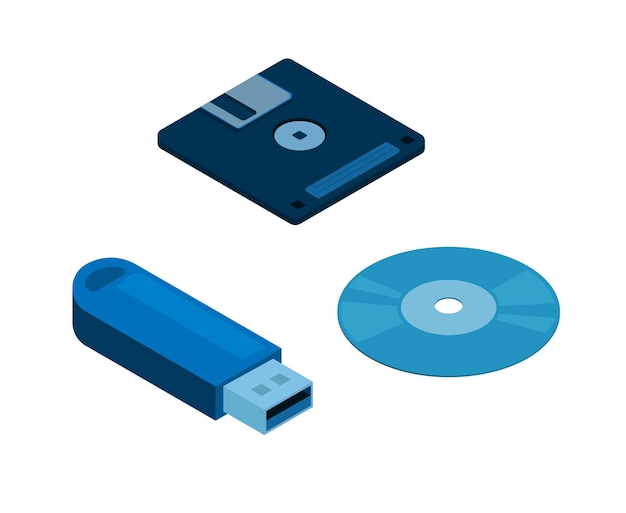 Data media storage computer technology. floppy disk flash drive and cd symbol set isometric