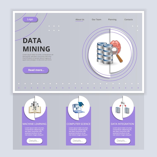 Data mining flat landing page website template machine learning computer science data integration