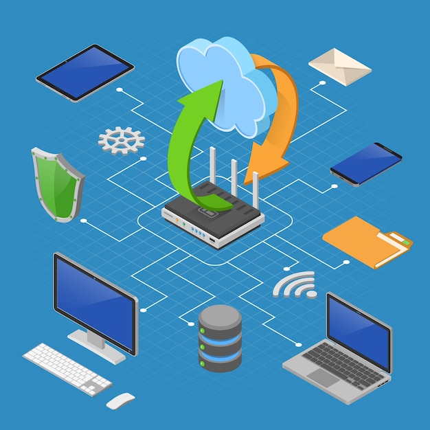 Data Network Cloud Computing Technology Isometric business concept with router, computer, laptop, tablet PC and phone icons. Storage, security and transfer data.