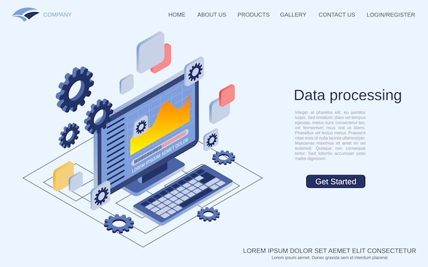 Data processing information computing flat 3d isometric vector concept illustration