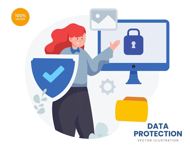 Data protection concept with the business woman for safety technology with padlock and shield symbolic.