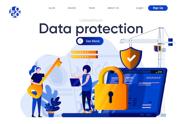 Data protection flat landing page. Cybersecurity specialist consultation with client illustration. Data security system, information confidentiality web page composition with people characters