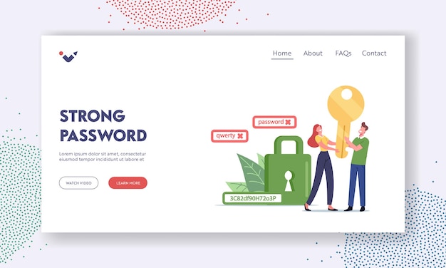 Data Protection Landing Page Template. Tiny Characters Holding Huge Gold Key near Green Padlock with Strong Password of Random Alphabet Letters and Numerals. Cartoon People Vector Illustration