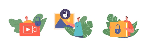 Data Protection Privacy Concept Tiny Characters with Huge Video Photo and Document Files with Padlock Security