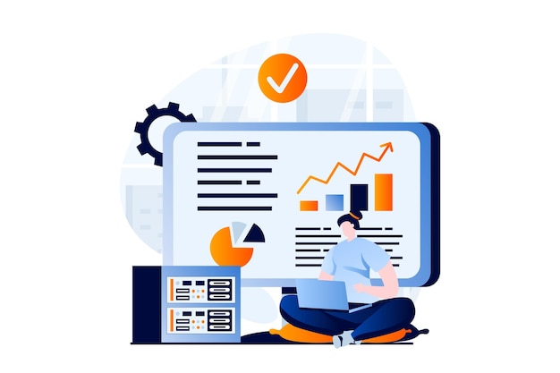 Data science concept with people scene in flat cartoon design Woman works with charts and graphs at dashboard making financial report and analyzing data Vector illustration visual story for web