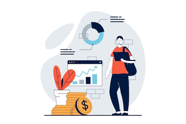 Data science concept with people scene in flat design for web Man working with analytics chart making financial audit and accounting Vector illustration for social media banner marketing material