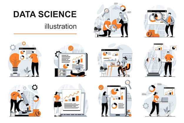 Data science concept with people scenes set in flat design Vector illustration visual stories