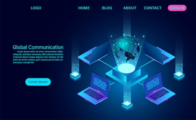 Data technology banner. Global communication Internet network around and data exchange over planet.