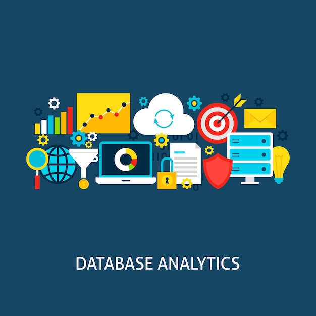 Database Analytics Flat Concept. Poster Design Vector Illustration. Set of Big Data Colorful Objects.