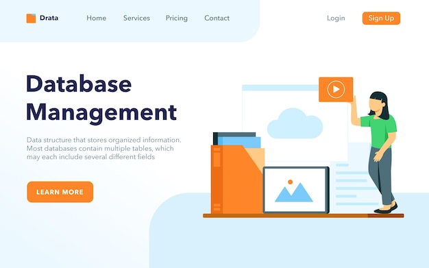 Database management landing page concept woman organize document