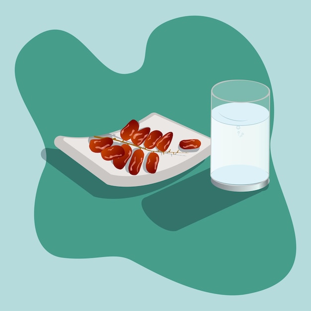 Dates palm fruit on plate with a glass of water vector illustration Breaking the fast of ramadan vector