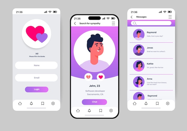 Vector dating app concept in flat design mobile dating application template presented on three screens