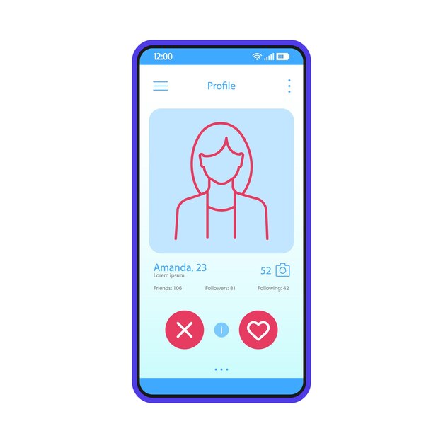 Vector dating app profile interface vector template. mobile app interface blue design layout. online dating smartphone application. flat ui. phone display with woman's profile information