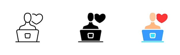 Dating app set icon Website meeting broken heart feelings love like button cursor finger computer couple Relationships concept Vector icon in line black and colorful style