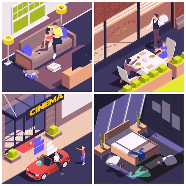 Dating couples illustrations in isometric view