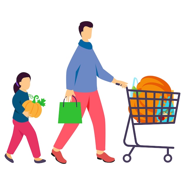 Vector daughter and father bought pumpkin concept halloween day shopping vector icon design thanksgiving