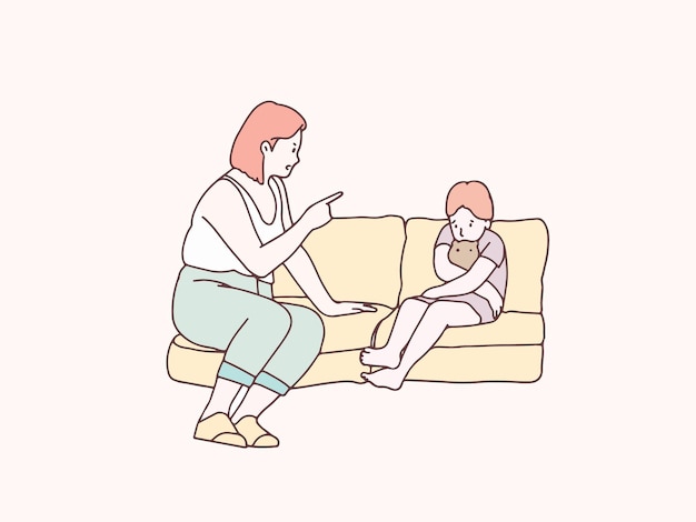 Daughter hugging doll being scolded by mother in living room korean style illustration