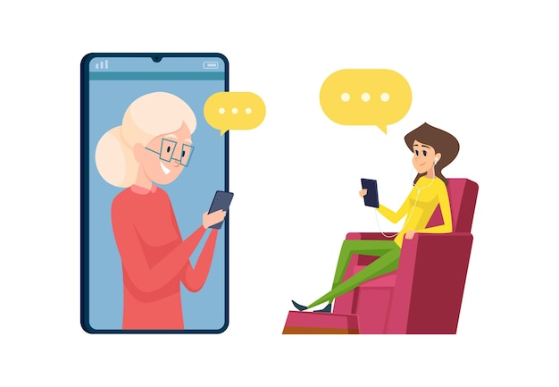 Daughter and mother talking phone. Happy grandmother and granddaughter, elderly woman with smartphone  illustration.