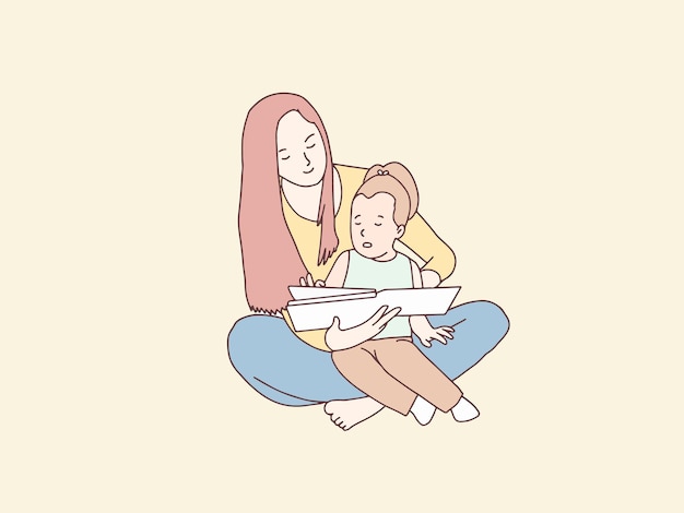 Daughter on mothers lap reading stories simple korean style illustration