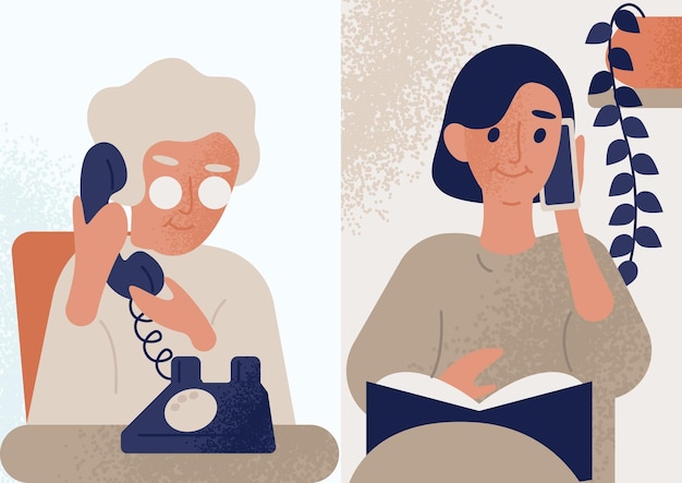 Daughter talking with her elderly mother or granny on telephone. Family distant conversation, dialog. Women communicate by phone. Colorful vector illustration in flat cartoon style.