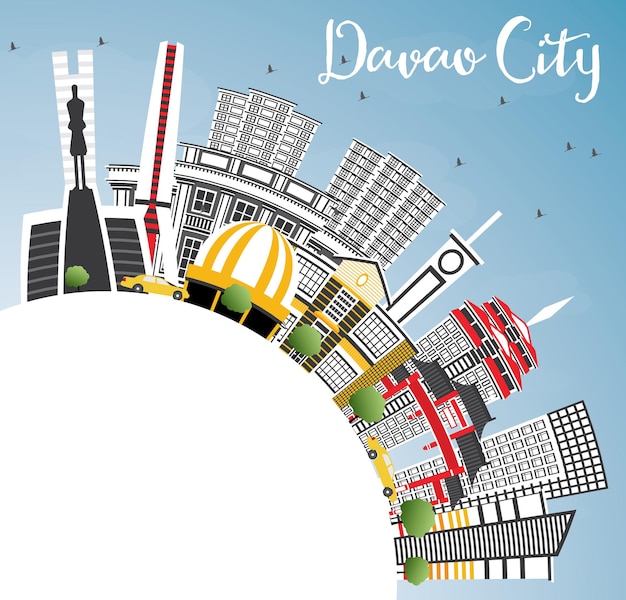 Davao City Philippines Skyline with Gray Buildings, Blue Sky and Copy Space. Vector Illustration. Business Travel and Tourism Illustration with Modern Architecture.