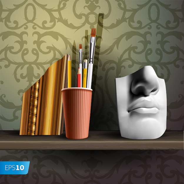 Davids nose and different art brushes pencils in flask on the shelf vector illustration