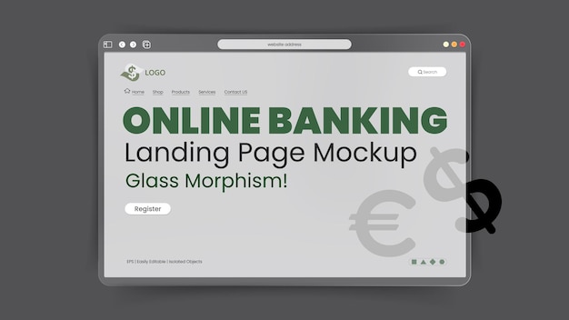 Davy gray vector online banking landing page mockup presentation with frosted glass morphism effect