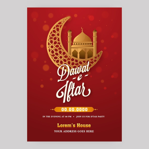 Dawat-E-Iftar Flyer Design With Golden Crescent Moon And Mosque On Red Background.