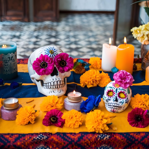 Vector day of the dead celebration skull with candle colorful flowers in room premium quality illustration