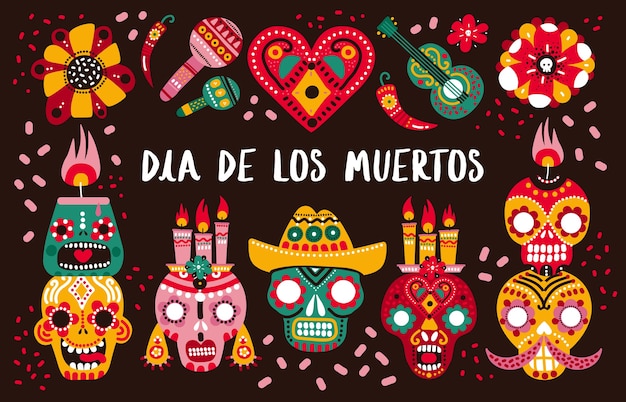 Day of dead. Decorative skulls, guitar and candles and hot pepper, heart and flowers. Mexican dia de los muertos