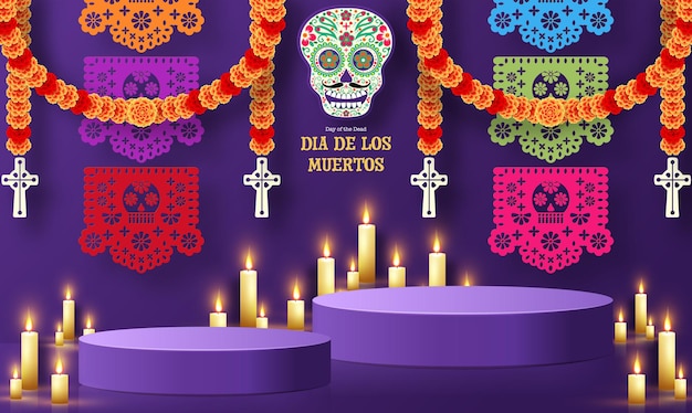 Day of the dead Dia de los muertos 3d podium round square stage with paper cut