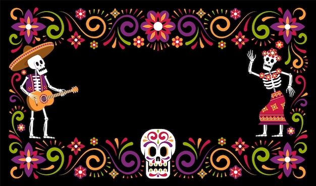 Day of dead Dia de Muertos ornamental frame with skeleton in sombrero flowers and Catrina Calavera