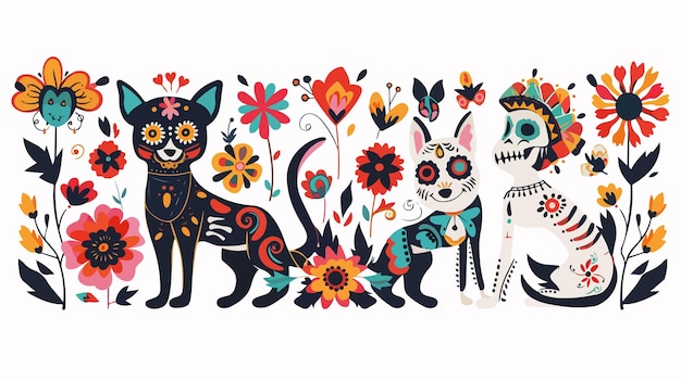 Day of the Dead Dog and Cat Skulls Celebration Artwork