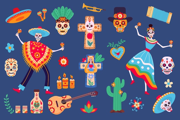 Day of dead elements. Skeleton characters in mexican clothes, sugar skull, sombrero, cactus and tequila. Dia de los Muertos party vector set